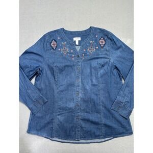Studio bvd&co. Embroidered Denim Shirt Womens XL Blue Button Down Long Sleeve